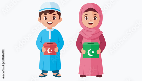 Smiling Muslim children holding donation boxes with crescent moon and star symbols, ready to give.