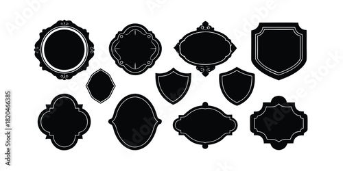 Collection of black ornate decorative frames and shields on white background badge