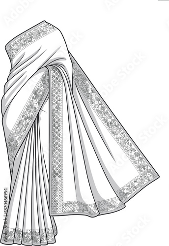“Elegant traditional sari illustration with detailed border design, graceful fabric drape, cultural clothing artwork for fashion, textile and garment use”