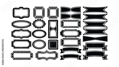 Collection of decorative black and white frames and banners on white background Keywords: frame, banner, ribbon, border, label, badge, tag