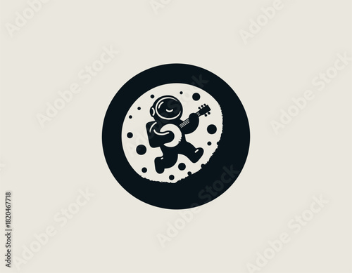 Bold black and white illustration of an astronaut playing a banjo while sitting peacefully inside a dramatic circular moon backdrop