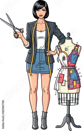 Fashion designer illustration with mannequin, fabric patches, scissors and measuring tape showcasing creative sewing, tailoring and garment-making studio concept
