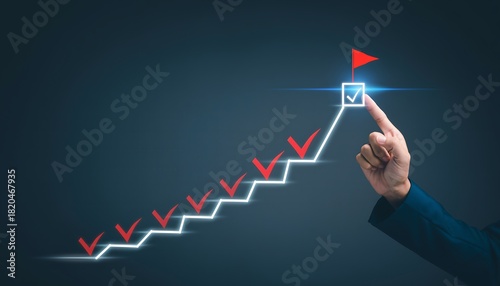 Hand pointing to a glowing checkmark on a rising line graph, symbolizing goal achievement and successful task completion, concept for business strategy, personal development, and project management.