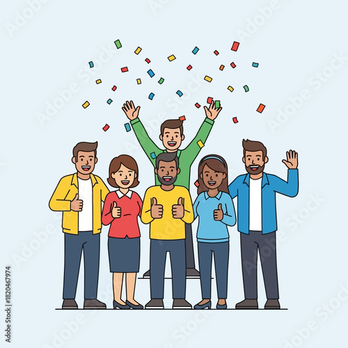 A diverse group of happy colleagues or friends is enthusiastically celebrating their shared success with falling confetti and cheerful thumbs-up gestures.