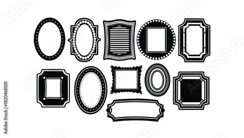 Collection of Decorative Black Frames and Borders on White Background Keywords: frame, border, decorative, ornate, oval, rectangle, square