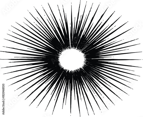 Circular radiating lines forming a symmetrical pattern. Black lines create a burst effect expanding from the center on a transparent background. Comic book explosion burst effect with graphic.