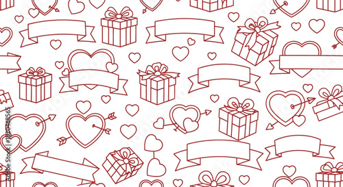 Seamless pattern of red line art hearts gift boxes and ribbons on a white background for valentine s day celebrations