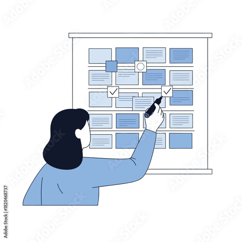 An illustration depicts a woman marking tasks on a project management board, showcasing planning and progress tracking in a minimalist, modern style with a clean background.