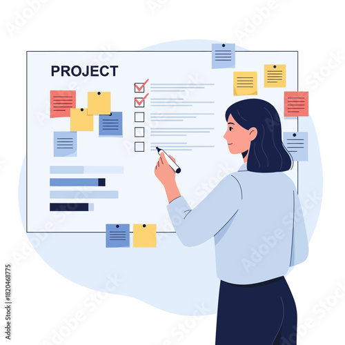 A woman is seen managing a project on a whiteboard, marking tasks as complete with a marker, surrounded by sticky notes, in a modern office setting.