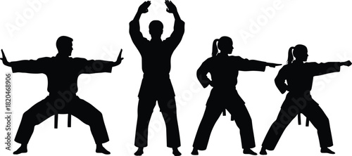 Group of martial artists in various training stances performing karate and self-defense poses silhouette illustration for sports, fitness, and combat designs