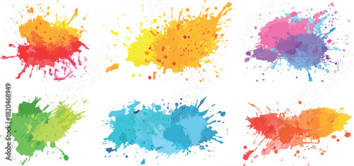 Colorful paint splashes on white background. Colorful watercolor paint splash stains set on a white background. Vibrant set of watercolor splash stains on a transparent background. 