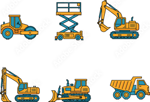 Heavy construction machinery collection featuring excavator, bulldozer, dump truck, roller, and scissor lift equipment for industrial engineering, building, and roadwork projects