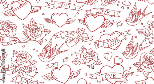 Seamless pattern of vintage tattoo style hearts with wings roses and swallows with love banners