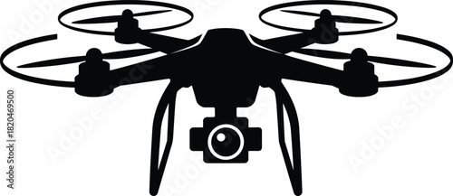 High quality silhouette of modern quadcopter drone with camera, aviation technology concept, aerial photography equipment, black isolated graphic design illustration