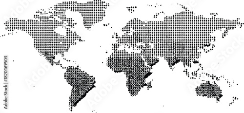 Halftone world map with dot pattern, dotted globe continents graphic. Dotted world map. Black vector illustration. 