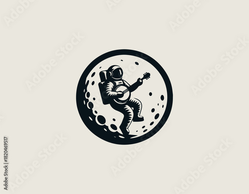 Bold black and white illustration of an astronaut playing a banjo while sitting peacefully inside a dramatic circular moon backdrop