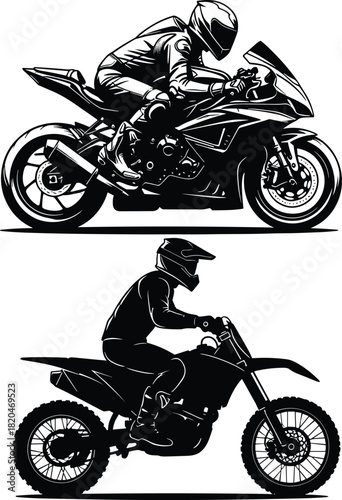 High-contrast illustration of sport motorcycle rider and dirt bike rider in action, showcasing speed, power, adventure, extreme motorsport energy