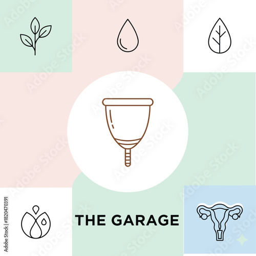 Menstrual cup illustration with feminine health symbols, eco-friendly period concept, reproductive system icons, clean modern design, wellness graphic