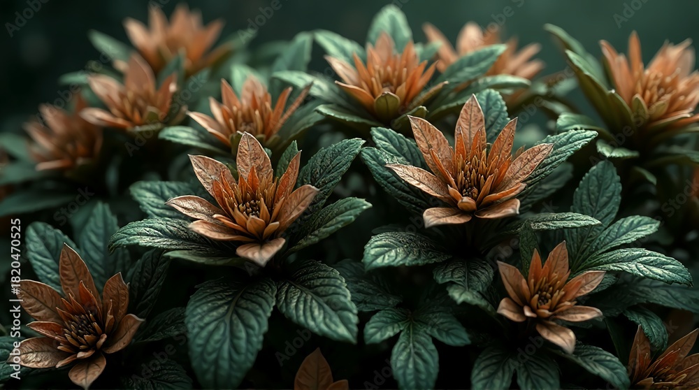 Obraz premium Close-up of vibrant reddish-orange flowers with dew-kissed green leaves