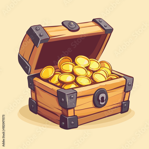 open chests cartoon. chest wooden lid closed gold coins gold pirate treasure hoard game vector illustration , vector style simple color