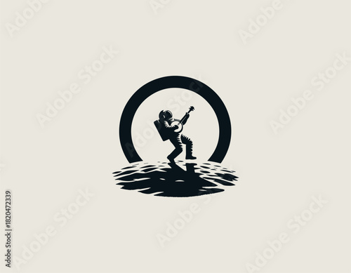Bold black and white illustration of an astronaut playing a banjo while sitting peacefully inside a dramatic circular moon backdrop