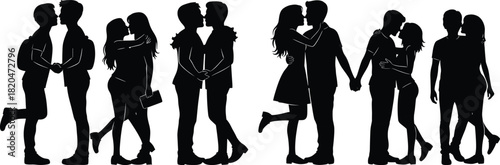 Romantic couples kissing and embracing silhouette set, love and relationship vector illustration for Valentine designs, affection, passion, and romance themes
