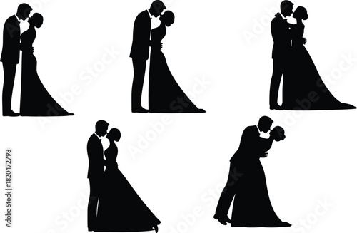 Romantic wedding couple silhouettes featuring bride and groom poses, elegant love moments, affectionate standing and kissing scenes for creative design projects