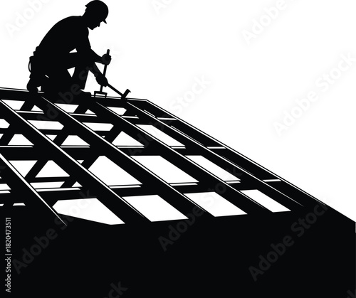 Silhouette of construction worker installing roof framework with tools, manual labor, structural building process, carpentry work, industrial construction scene illustration