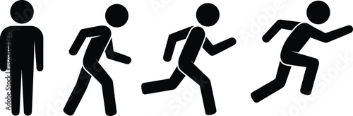 Black running sequence silhouette showing man standing, walking, jogging and sprinting motion progression, sporty human movement pictogram illustration, isolated