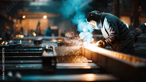 A skilled worker performs welding in a busy metal fabrication shop. Bright sparks fly as materials are joined using heat and pressure, demonstrating the process of creating strong metal bonds