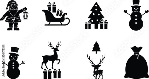 Black silhouette set of Christmas icons including Santa Claus reindeer snowman tree sleigh and gift bag