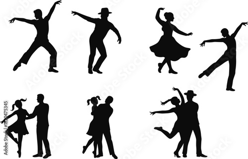 Black silhouettes of dancers in various poses and styles on white background dancing