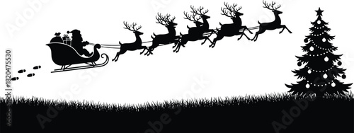 Black silhouette of Santa Claus in a sleigh pulled by reindeer flying past a decorated Christmas tree