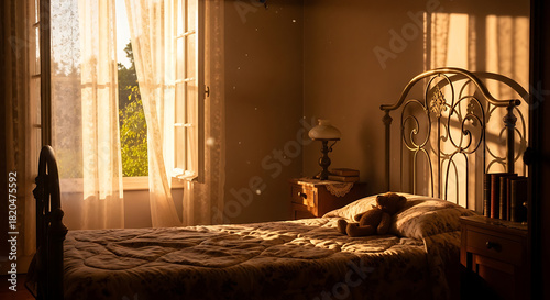 Bedroom with a vintage metal bed frame bathed in warm sunlight.