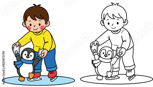 Cute boy helping a little penguin ice skate vector illustration including black and white coloring book page outline for children education and winter sport activity.