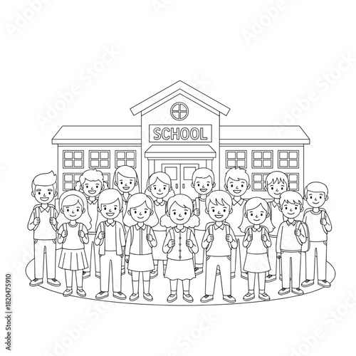 Happy diverse students with backpacks standing in front of a school building.