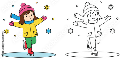 Happy little girl ice skating in winter snow vector illustration featuring black and white coloring book page outline for children educational activity and sport.
