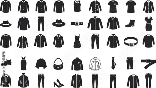 Collection of black apparel and accessory icons on white background clothing fashion