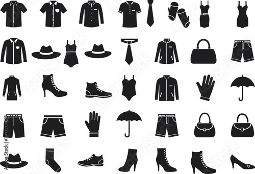Collection of black clothing and accessory icons on white background shirt t shirt