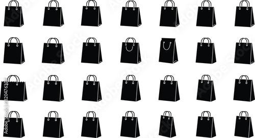 Collection of Black Shopping Bags with Handles on White Background paper bag retail