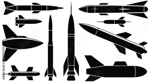 missiles black and white silhouette set, clean vector icons of rockets and missile shapes, ideal for military design, tactical graphics, defense illustrations, and educational or historical projects.