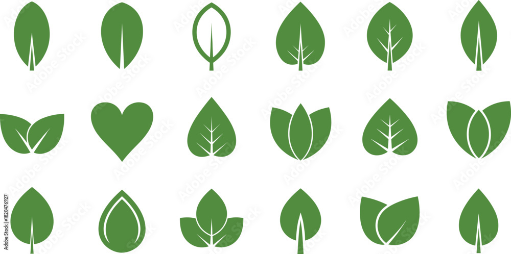 Naklejka premium Collection of green leaf icons and shapes on white background nature symbol plant