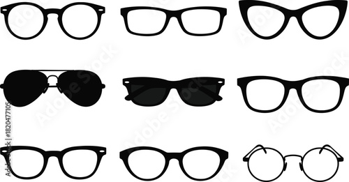 Collection of nine black silhouette eyeglasses and sunglasses on white background