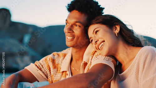 Photography Happy couple, beach date and relax together, summer travel or romantic anniversary holiday for love