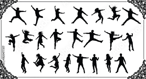 Diverse group of people jumping and celebrating in silhouette against white background with ornate corner designs