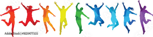 Diverse group of people jumping in colorful geometric silhouette style vector