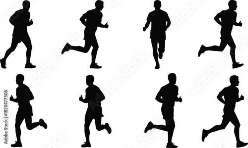 Eight black silhouettes of men running in various poses runner male