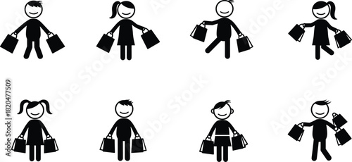 Eight black stick figure people with shopping bags in various poses and genders retail