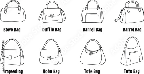 Eight distinct handbag line drawings with labels Bowe Duffle Barrel Trapezoid Hobo Tote