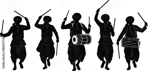 Five black silhouettes of men in traditional clothing playing drums and holding sticks